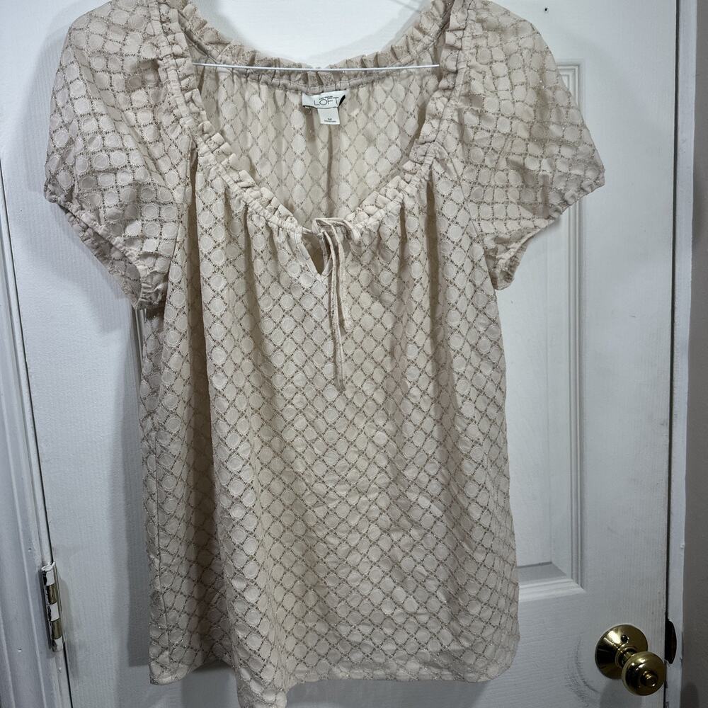 Ann Taylor LOFT Peasant Blouse Womens M Cream Gold Metallic Lace Ruffle Top - Picture 5 of 9